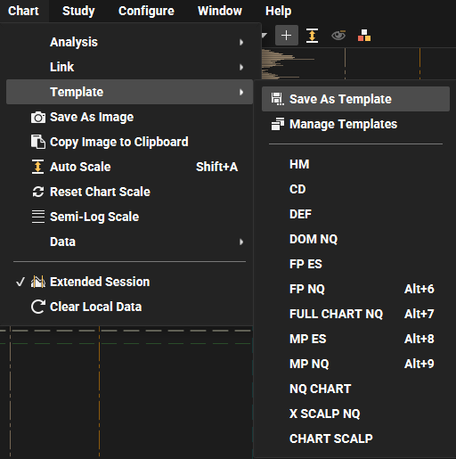 Menu Chart puis Template dans MotiveWave : Save As Template, Manage Templates et la liste des templates enregistrés