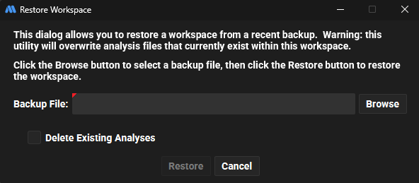 Fenêtre Restore Workspace de MotiveWave : bouton Browse et case Delete Existing Analyses