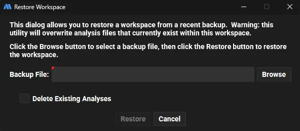 Fenêtre Restore Workspace de MotiveWave : bouton Browse et case Delete Existing Analyses